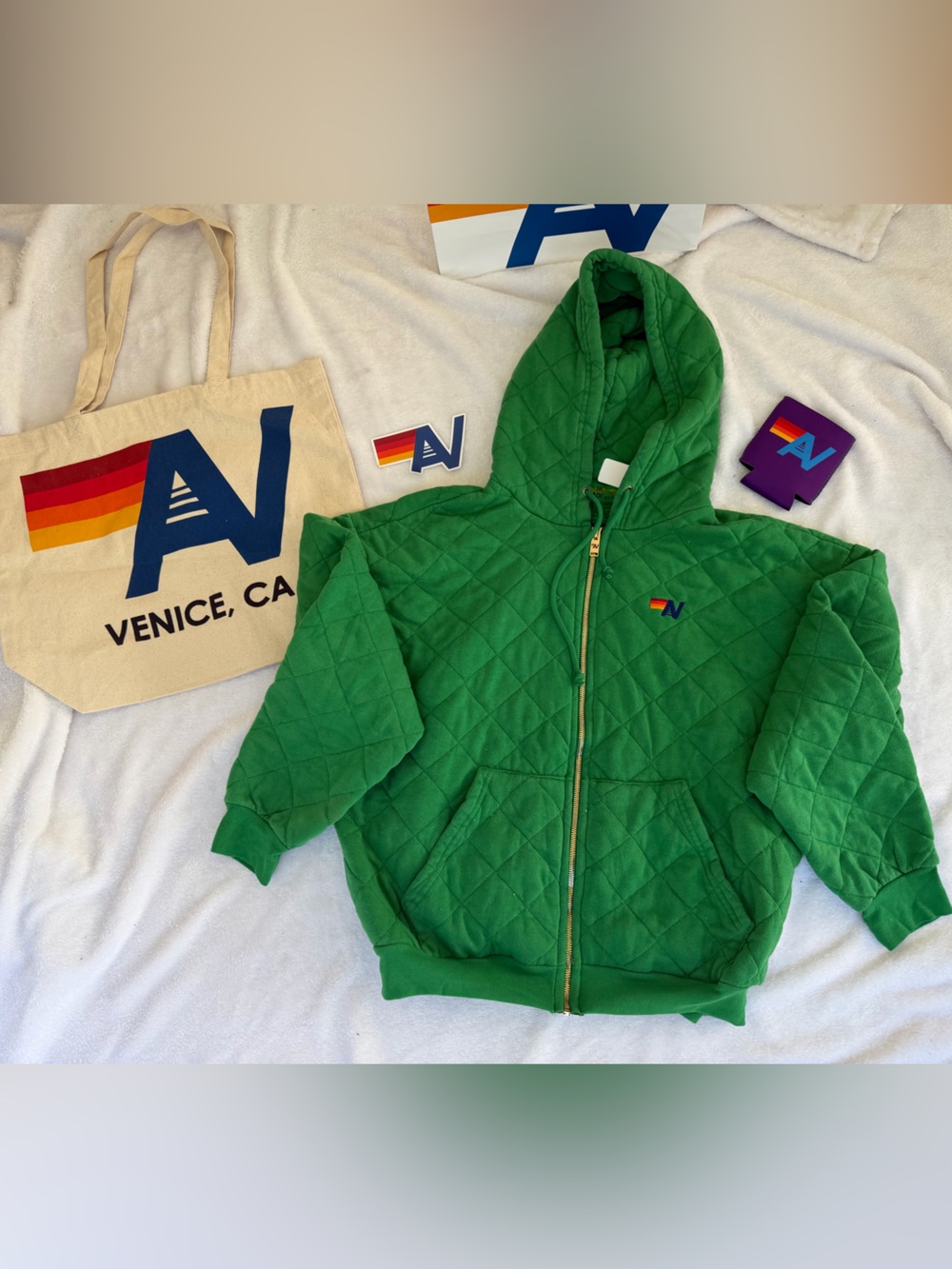NWT Aviator Nation Quilted Zip Hoody Medium Kelly Green + Tote Bag